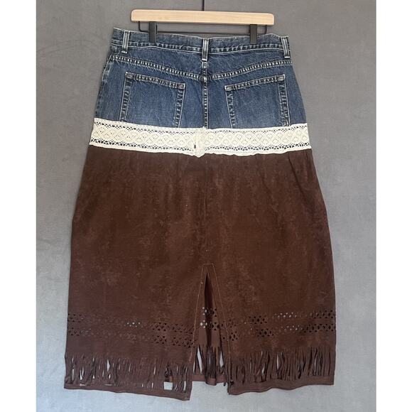 VTG Gap Upcycled Denim & Brown Fringe Skirt Women Sz 16 Western Cowgirl USA - Picture 3 of 11